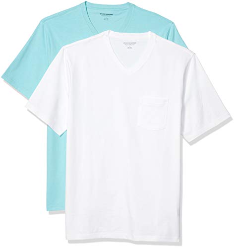Amazon Essentials Men's Regular-Fit Short-Sleeve V-Neck Pocket T-Shirt, Pack of 2, Aqua Blue/White, X-Small