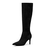 Easyfox Knee High Black Suede Boots Women Pointed Toe Tall Boots Stiletto Heels Long Black Suede Fall Boots Side Zipper Size 8