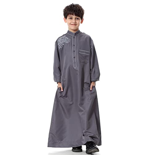OBEEII Boy's Muslim Arab Thobe Solid Color Long Sleeve Kaftan Robe Islamic Arabic Abaya Thobe