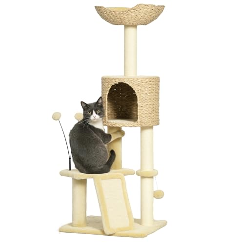 PawHut Árbol Rascador para Gatos Altura 116 cm Torre para Gatos Interior con Postes de Rascar Cama Nido Rampa y Bolas 45x40x116 cm Beige