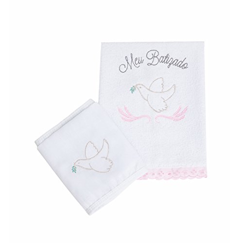 Papi Textil Kit Meu Batizado Bordados, Rosa, 2 Peças