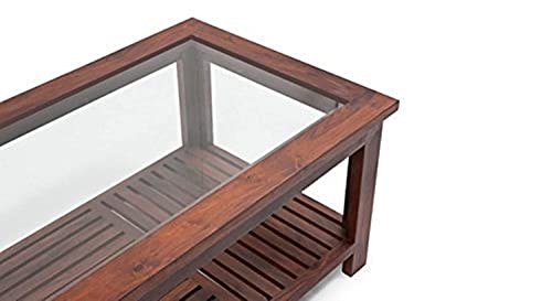 Image of Solid Sheesham Wood Modern Rectangular Coffee Table with Glass Top for Living Room with Bottom Storage Shelf /Glass Center Table for Sofa (Wooden)