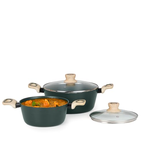 Image of Kreme Venetia Premium Series 4-Piece Granite Casseroles Cookware Set with Lid | Non-Stick Aluminium Cooking Pot | Granite Coating | Induction & Gas Stove Compatible | Healthy Low-Oil Cooking, Green