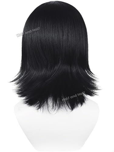 Image of Shi-zuku Cosplay Wig Short Black Anime Hunter-Killer Wigs with Bangs | 15'' Black Spiky Layered Wigs Synthetic Hair for Women Halloween Party Costumes