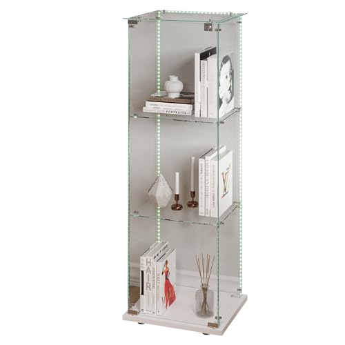 Sorvaglos - Vitrina con tira LED, 3 pisos, puerta de cristal templado, blanco, antipolvo, vitrina vertical para sala de estar, oficina, objetos de colección, 35 x 39,8 x 123,3 cm