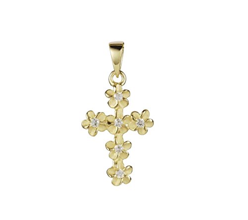 Arthur's Jewelry 925 sterling silver yellow gold plated Hawaiian plumeria flower cross cz pendant