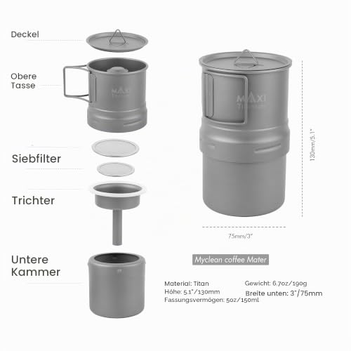 Foto von Maxi Camping Kaffeekocher Titan Moka Topf Kaffee French Press Camping Kaffeemaschinen für Outdoor Reisen Picknick Wandern Garten Lagerfeuer, 5oz jedes Gebräu, ACM-01, Gray
