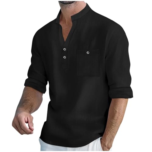 Cotton Shirts Mens Linen Shirts Casual Long Sleeve Henley Shirt Plain Business Dress Tops Baggy Fshion Vacation Beach Outfits 2026 Black XL