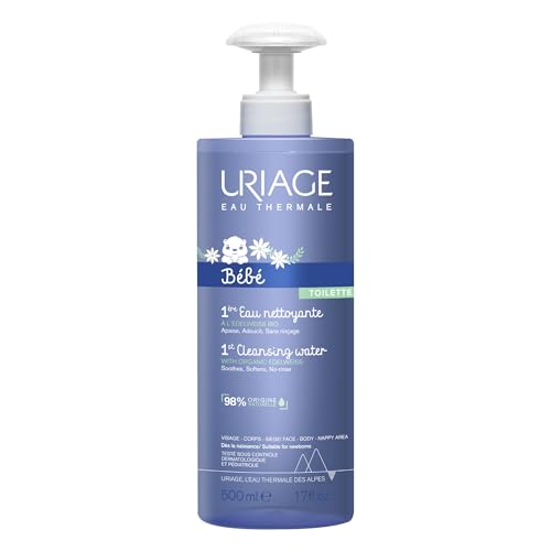 URIAGE Baby 1st Cleansing Water with Organic Edelweiss I No-Rinse, Soothes, and Softens, Face & Body, Paraben & Soap Free, 500 mL / 17 oz