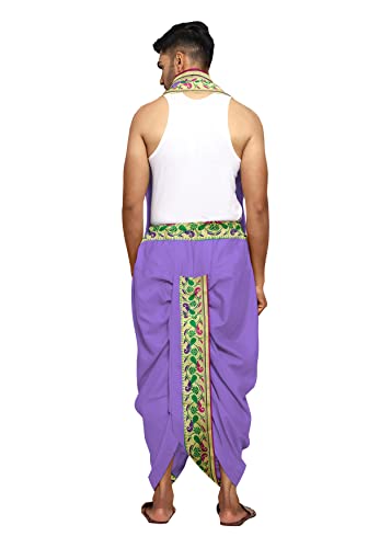 Image of Rameshwaram Fabrics Readymade Dhoti for Men, Velcro Style Stitched Mens Silk Dhoti Pant with Stole Set