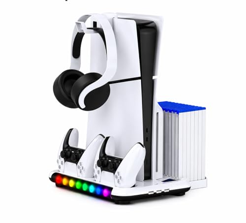 Image of PSS Compatible with PS 5 S tand for PS 5 / PS5 Slim Console Disk /Digital Cooling Stand 3 Levels Fan RGB LED, Dual Controller Charging Station for PS5 Accessories,Headset Holder, 13 Game Disk Stand