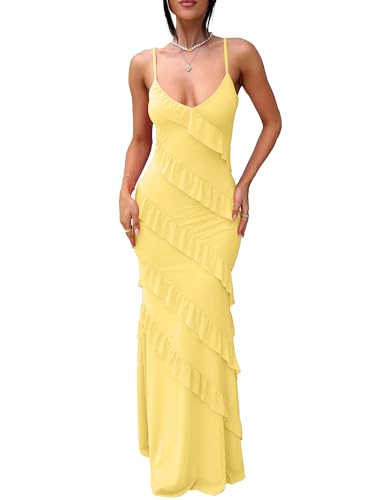 HOCILLE Women's Sexy V Neck Bodycon Spaghetti Strap Elegant Ruffle Maxi Cocktail Party Dresses, Large, Yellow