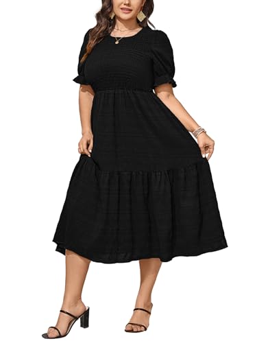 SCOMCHIC Womens Plus Size Summer Dresses 2025 Casual Puff Short Sleeve Crewneck Smocked Flowy Ruffle Boho Party Maxi Dress