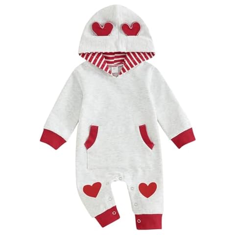 BeQeuewll Newborn Baby Girls Boys Valentine's Day Outfit Infant Sweatshirt Jumpsuit Long Sleeve Heart Hooded Romper 0-12M (Gray, 6-9 Months) Cover