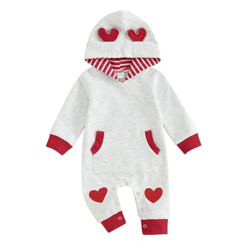 LAGKIYOJ Newborn Baby Girl Boy Valentines Day Outfit Long Sleeve Hooded Jumpsuit Heart Romper Infant Spring Clothes (Gray Heart Red 3-6 Months)