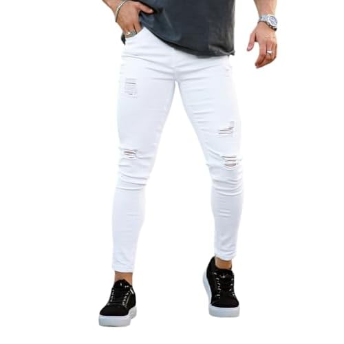 GINGTTO Mens Skinny Jeans Stretch Ripped Jeans Pants Men Skinny 28W x 30L White