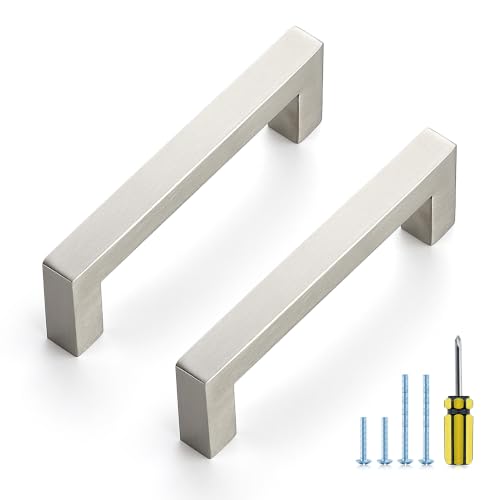 Image of Ravinte 30 Pack Kitchen Brushed Nickel Cabinet Handles 4 Inch Hole Center Stainless Steel Square Cabinet Pulls for Dresser Drawer Cupboard Handles with Screwdriver