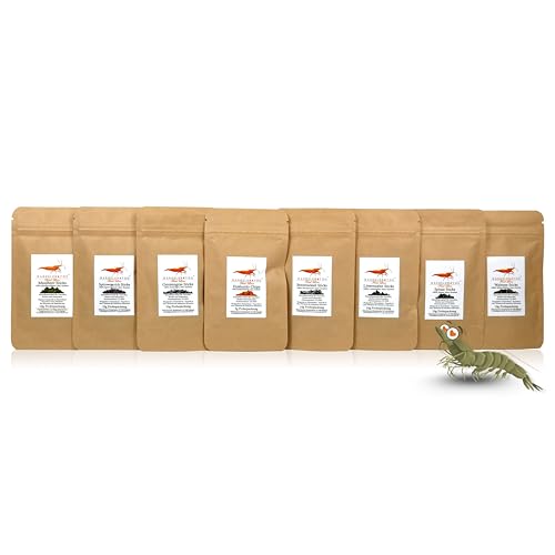 GARNELEN4YOU® FeedLine Samples – Probeset Premium Garnelenfutter – 8 pflanzliche Futtersorten für Garnelen, Krebse & Schnecken – nachhaltige Verpackung – Made in Germany – 75 g