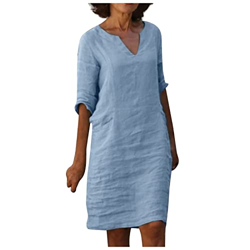 Romper Dress with Pockets and Shorts, Boho Dress for Women Maxi Plus Size Rompers Women's Summer Fashion Retro V-Neck Side Pocket Solid Color Short Sleeve Dress Linen Older Old (M, Sky Blue)