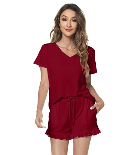 Image of WiWi Womens Pajamas Set Bamboo Viscose Super Soft Short Sleeve Top Ruffle Shorts Sleepwear Cooling Pj Sets S-XXL