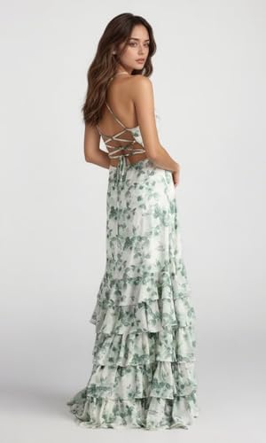 Women Floral Spaghetti Strap Bridesmaid Dress with Slit Chiffon Tiered Ruffle Wedding Guest Formal Dresses3