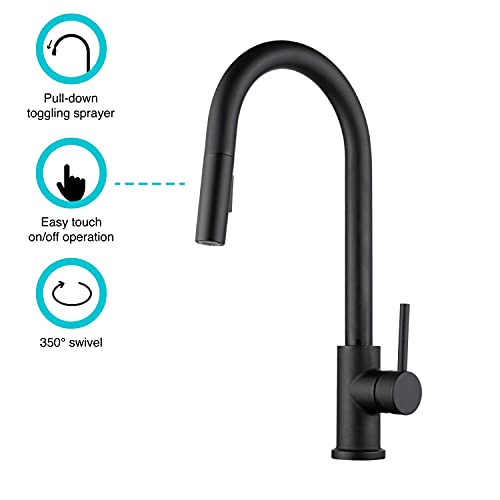 Image of Dura Faucet DF-NMK540-MB RV Touch Sensor Kitchen Faucet (Matte Black) | Pull-down sprayer toggles between aerated and spray streams and locks back in place; powered by four AA batteries.