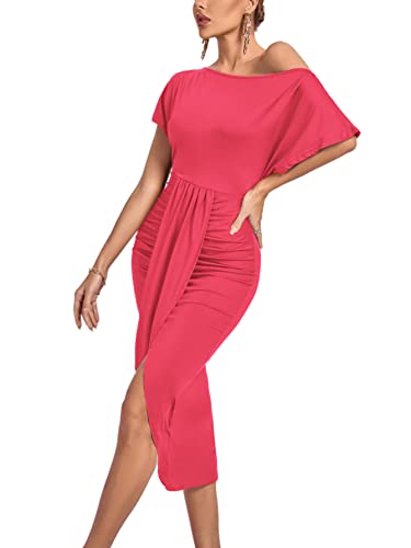Image of LYANER Women's One Off The Shoulder Ruched Wrap Front Split Hem Draped Party Midi Dress