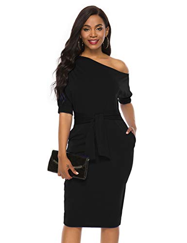 Nature Comfy Elegant Womens Wear To Work Casual One Shoulder Belted Pencil Dress With Pockets (M, Classic Black) #TOP6