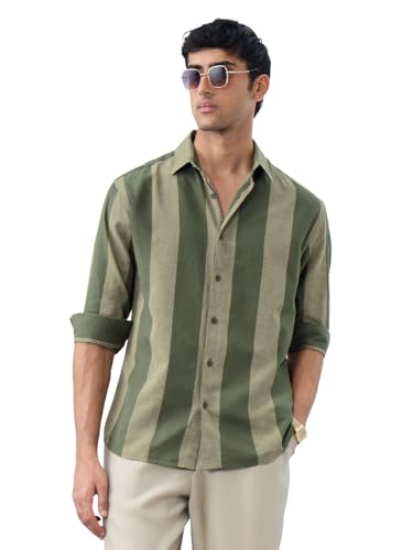 Image of The Souled Store Cotton Linen Stripes: Apricot Men and Boys Long Sleeves Collared Neck Orange Stripes Regular Fit Lightweight Comfortable Summer Cotton Linen Shirts