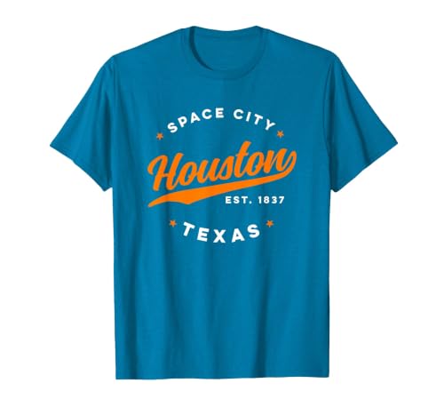 Vintage Houston Texas Space City Orange Text T-Shirt, Men, Sapphire Blue, Small