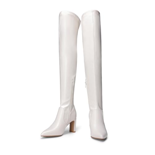 DREAM PAIRS DREAM PAIRS Women's Over The Knee Stretch Thigh High Boots Chunky High Heels Pointed Toe Long Fall Boots,Size 9,White-Pu,SDOB2303W