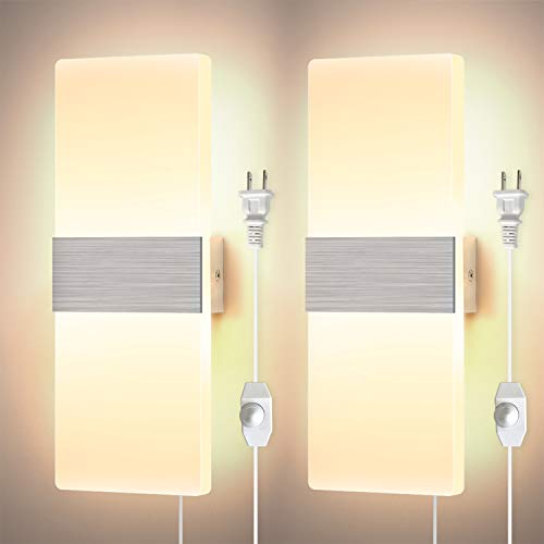 Lightess Dimmable Wall Sconce Plug In Set Of 2, Led Wall Light Fixture 12W Acrylic Modern Wall Lamp For Living Room Bedroom, Warm White #TOP22
