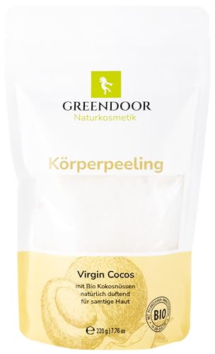 GREENDOOR Exfoliante corporal de aceite de coco VIRGIN 220 g, con aceite de coco virgen, aroma natural de coco fresco, exfoliante natural sin perfume, antienvejecimiento, exfoliante de coco contra la