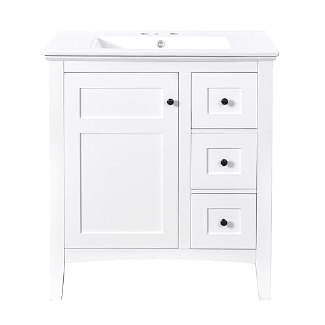 30 Inch Bathroom Vanity with Ceramic Sink,Single Sink Bathroom Storage Cabinet with 3 Drawers, Solid Wood Frame Modern Bathroom Vanity Set (White + Ceramic + Solid Wood+MDF + Solid Wood+MDF)