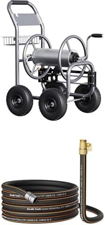 Giraffe Tools Garden Hose Reel with 4 Wheels+Giraffe Tools Hybrid Garden Hose 25ft x 5/8", Female and male Fittings with Shut off Valve, Heavy Duty, Flexible,Leakproof