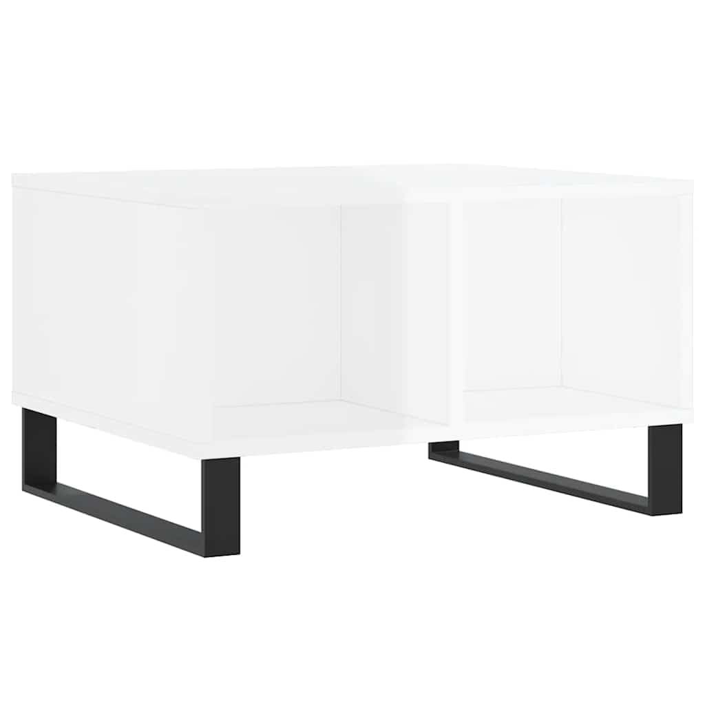 Table basse avec 4 compartiments de rangement, bout de canapé moderne blanc brillant