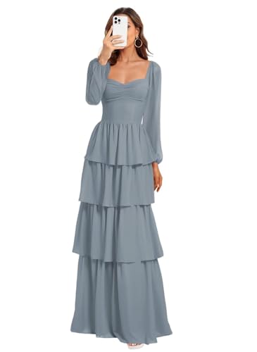 Dessiny Long Sleeves Tiered Bridesmaid Dresses 2025 for Women Flowy Chiffon Formal Evening Dress DE513