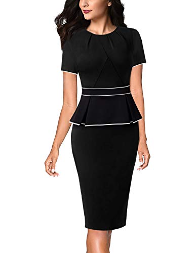 Image of VFSHOW Womens Pleated Crew Neck Peplum Work Business Office Church Bodycon Pencil Sheath Dress