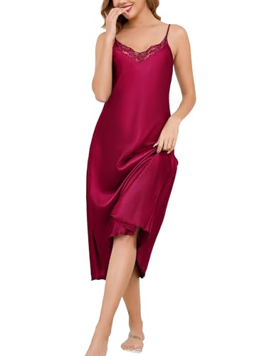 Vlazom Camisón Sexy Mujeres Camisón de Satén Largo Tirantes Ajustable Camisones Cuello en V Encaje Chemise Lencería Vestido(M,Azul Marino)