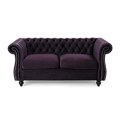Gdfstudio Melaina Tufted Chesterfield Velvet Loveseat, Blackberry And Dark Brown & Gdfstudio Karen Traditional Chesterfield Loveseat Sofa, Blackberry And Dark Brown, 61.75 X 33.75 X 27.75 #TOP6
