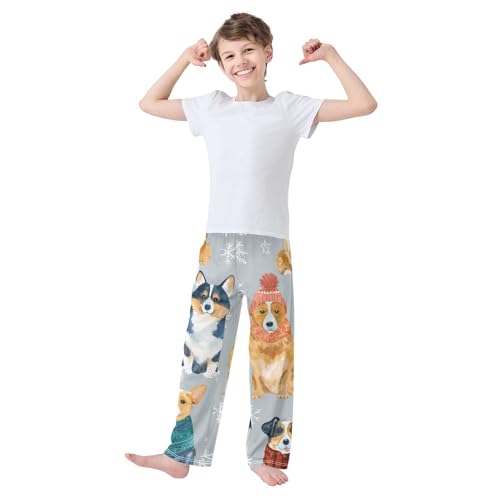 Corgi Dog Snowflakes Print Boys Long Pants Soft Trousers Elastic Waist Kids Lounge Bottoms with Pockets S-XL3