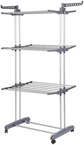 Balkontrockenständer Großer 3-stöckiger Wäscheständer, rollender, zusammenklappbarer Wäscheständer, zusammenklappbarer Kleiderständer mit faltbarem Flügel und Rollen for Kleidung Multifunktionale Troc