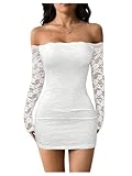 GORGLITTER Women's Lace Long Sleeves Mini Dress Y2K Fall Sexy Off The Shoulder Bodycon Night Out Birthday Party Dresses White Small