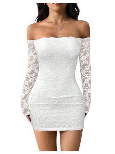 GORGLITTER Women's Lace Long Sleeves Mini Dress Y2K Fall Sexy Off The Shoulder Bodycon Night Out Birthday Party Dresses White Small