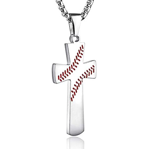 Aiyo Nice Boys Mens Baseball Cross Pendant Necklace 18K Gold Plated Bible Verse Stainless Steel Necklace Jewelry (A-Silver) Cover