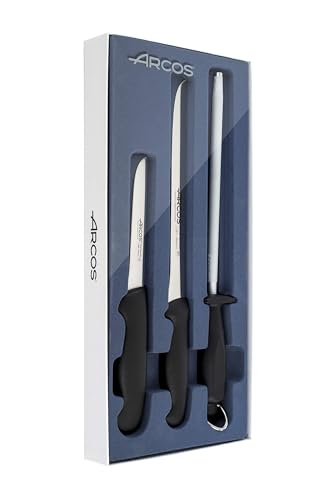 Arcos Set Jamonero 3 Pièces - Couteau à Jambon, Désosseur, Fusil à Aiguiser avec Étui - Acier Inoxydable NITRUM, Manche Ergonomique - Série 2900
