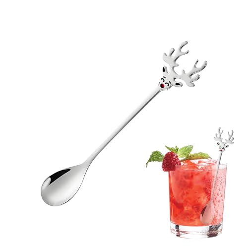 Cuchara de Navidad | Cuchara de acero inoxidable de Navidad, cuchara de café de cuernos de alce de dibujos animados | Mezcla comestible de postre pastel batido mermelada hogar oficina restaurante