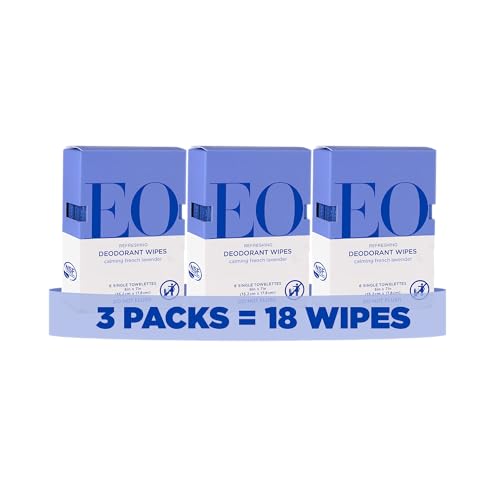 EO Deodorant Wipes Travel size 6 Individually Wrapped Wipes (Pack of 3) French Lavender made with Essential Oils for men and women