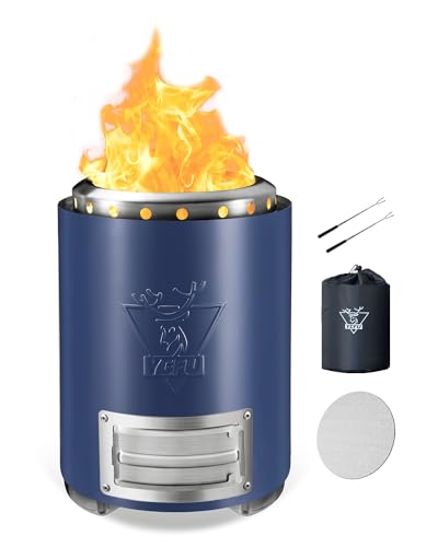 YEFU Tabletop Fire Pit 9.7 x 7.1 in, Flame Intensity Control Camping Stove for Outdoor & Patio, Fueled by Pellets or Wood, Safe Burning Table Top Firepit, with Travel Bag & 2 Mini Sticks, Blue