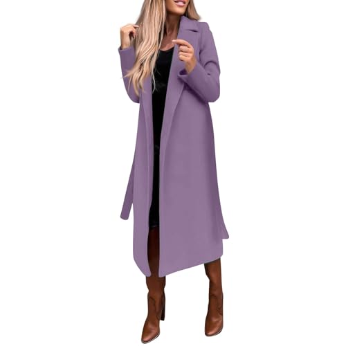Long Trench Coats For Women Fashion Faux Wool Coat Blouse Thin Solid Jacket Ladies Notch Lapel Overcoat With Belt